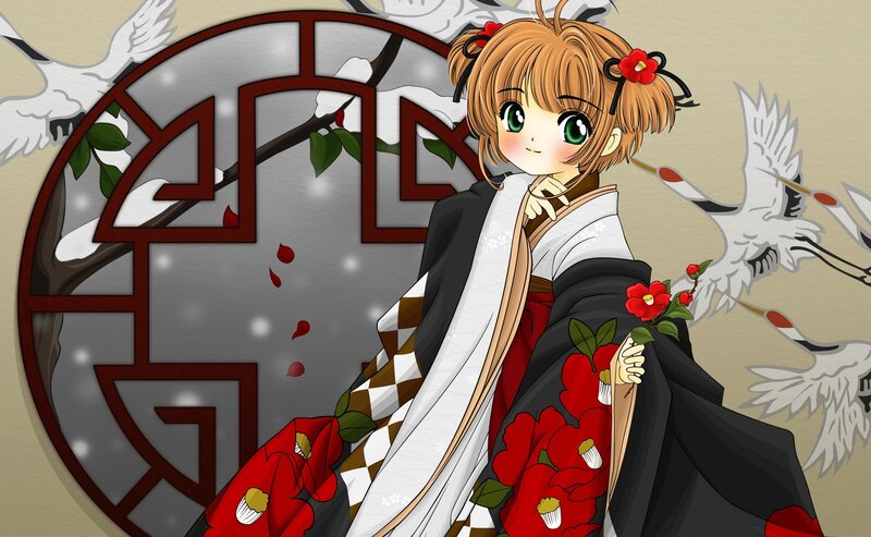 Anime Girl in Kimono — Red, Serene, Winter, Cranes