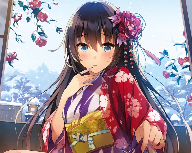 Anime Girl in Kimono — Red, Serene, Winter, Digital Art