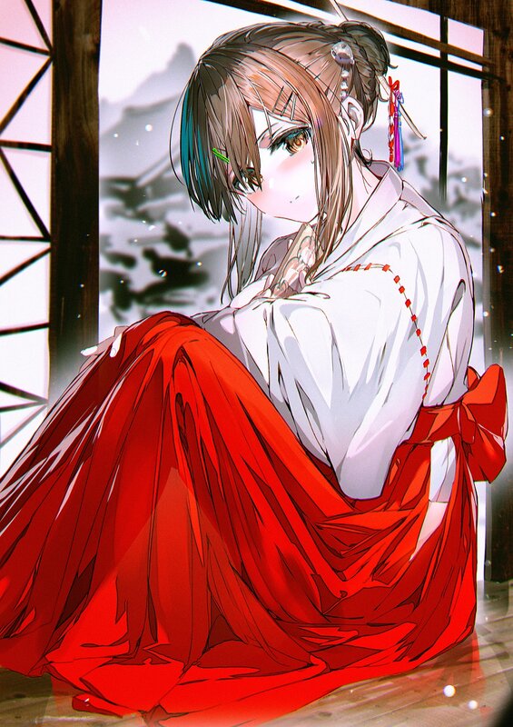 Anime Girl in Kimono — Red, Serene, Winter, Digital Art, Window