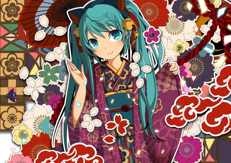 Anime Girl in Kimono — Teal, Festive