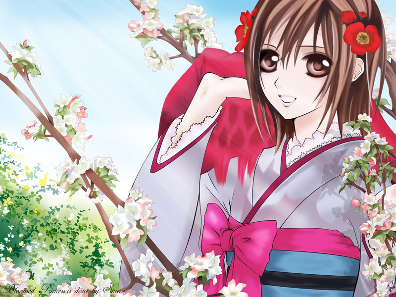Anime girl in kimono under blossoms