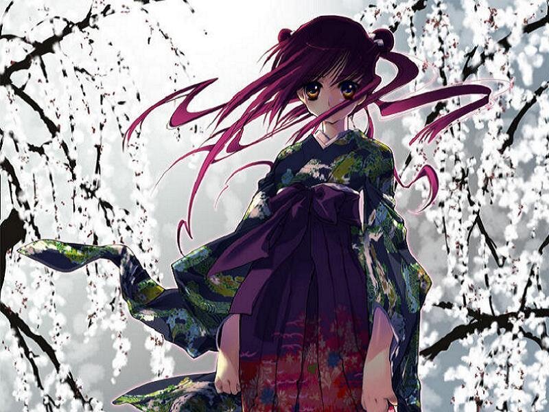 anime girl in kimono under blossoms