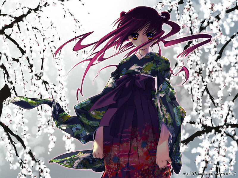anime girl in kimono under blossoms