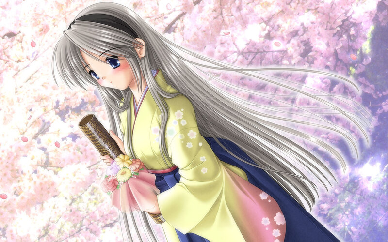 Anime girl in kimono under cherry blossoms