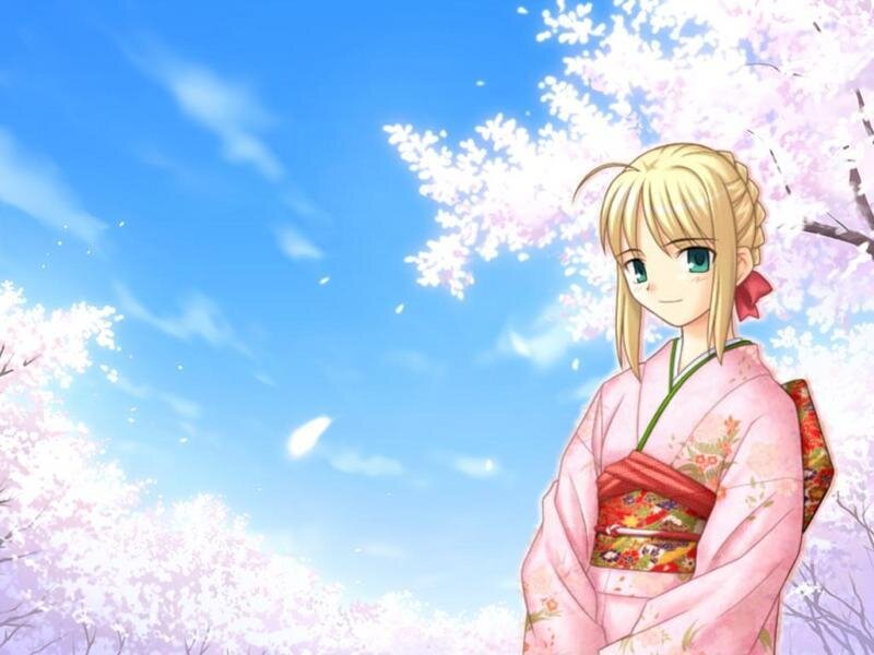 anime girl in kimono under cherry blossoms