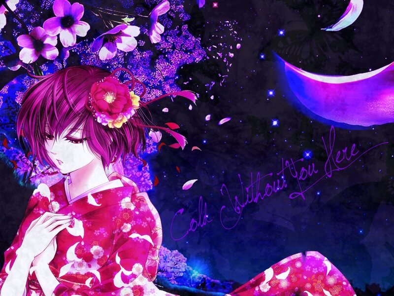 Anime girl in kimono under cherry blossoms