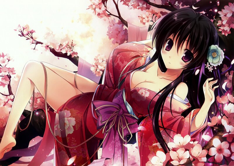 Anime girl in kimono under cherry blossoms