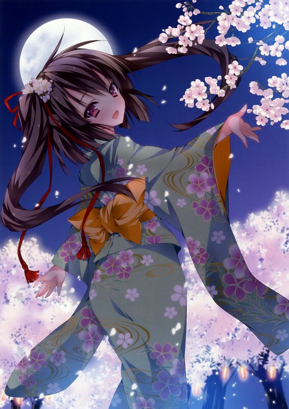 Anime girl in kimono under cherry blossoms