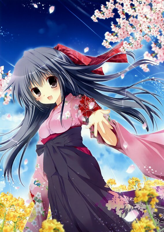 Anime girl in kimono under cherry blossoms
