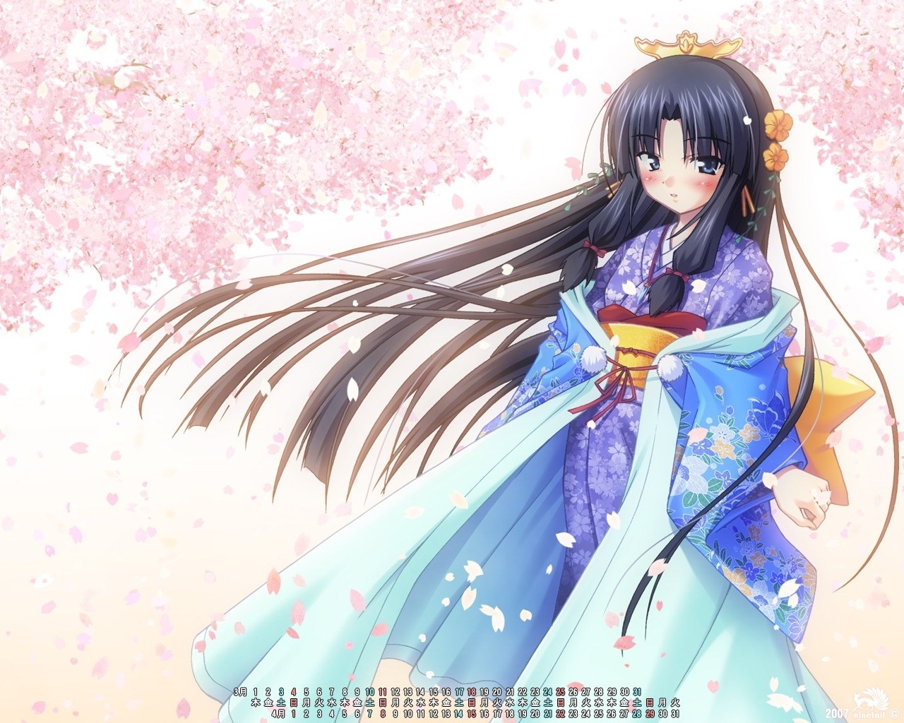 Anime girl in kimono under cherry blossoms