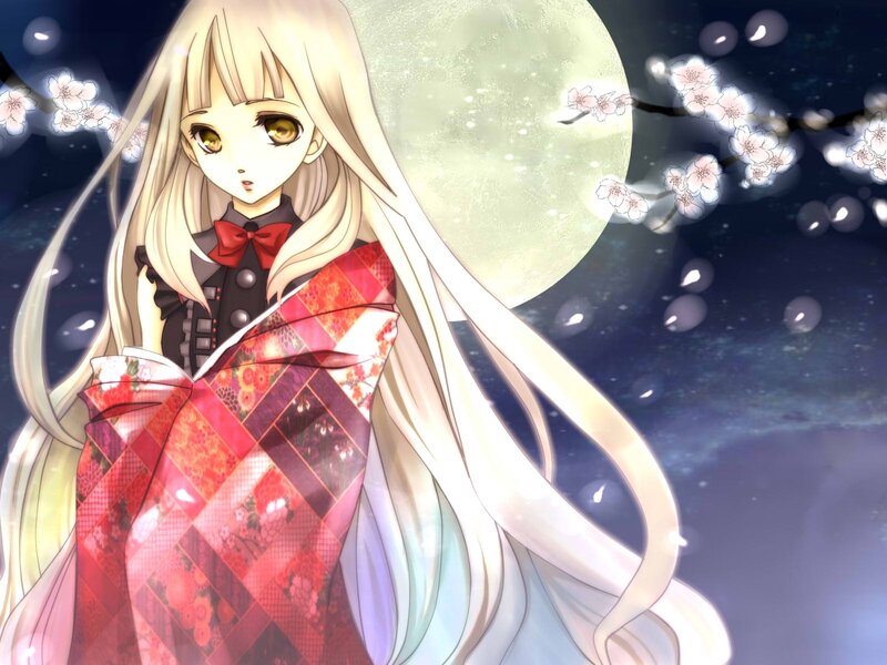Anime girl in kimono under moon