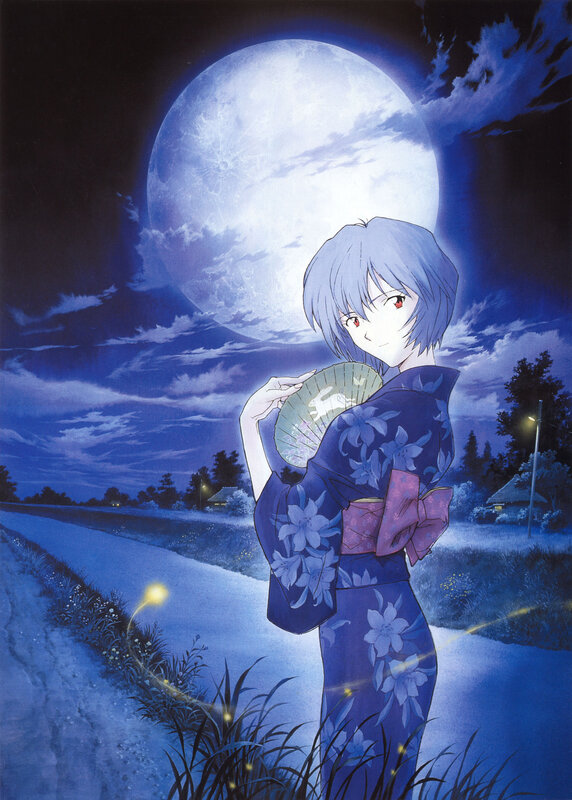Anime girl in kimono under moon