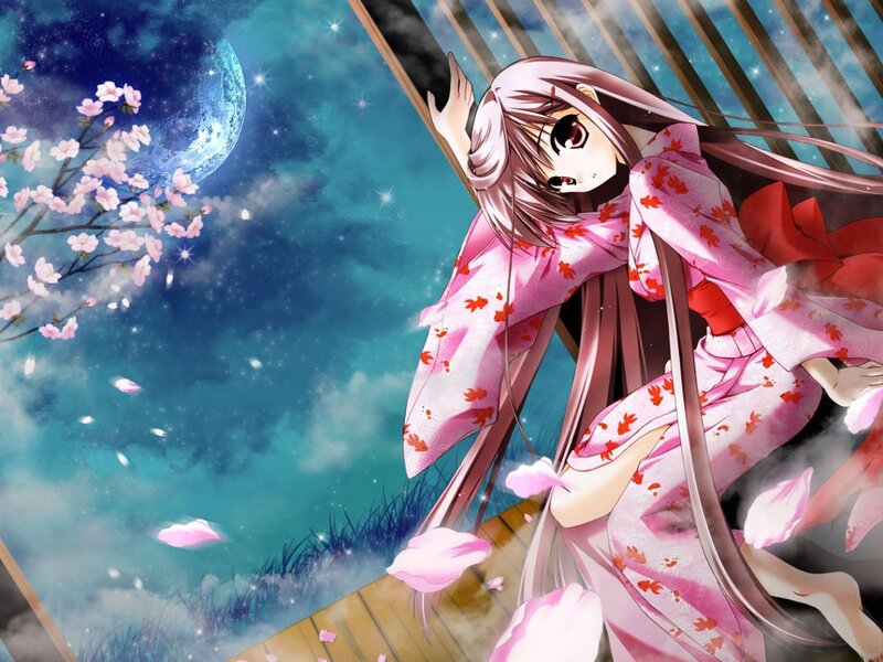 Anime girl in kimono under moonlight