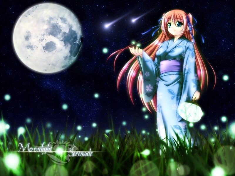 Anime girl in kimono under moonlight