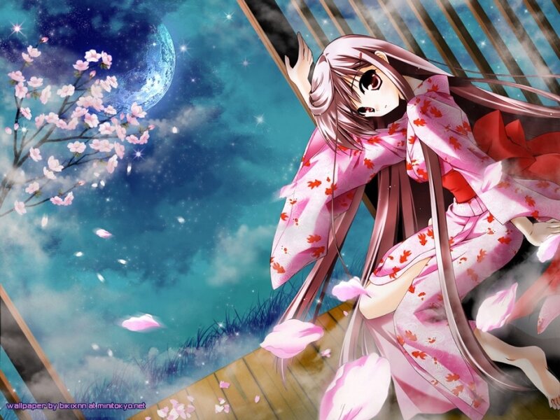 Anime girl in kimono under moonlight