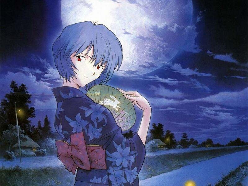 Anime girl in kimono under moonlight