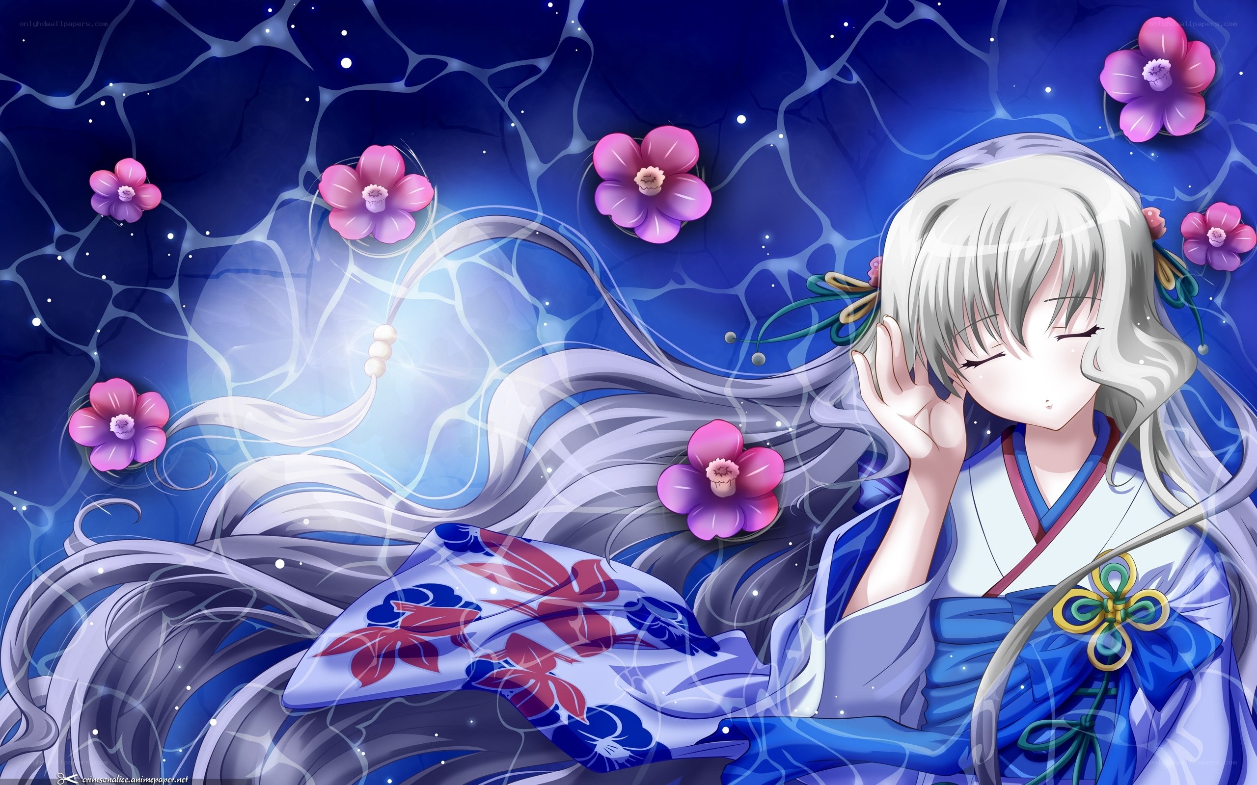 Anime girl in kimono underwater