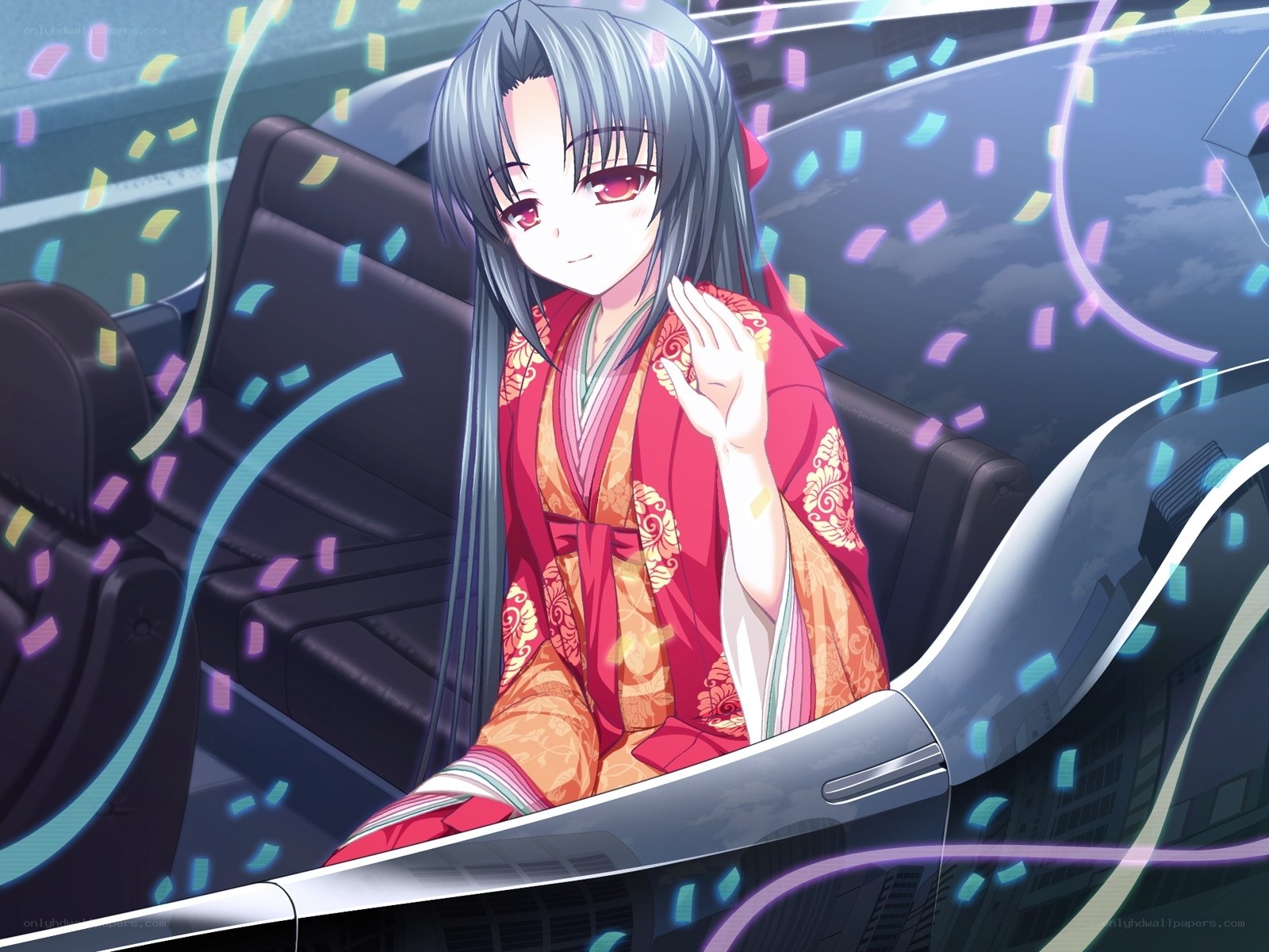 anime girl in kimono waving