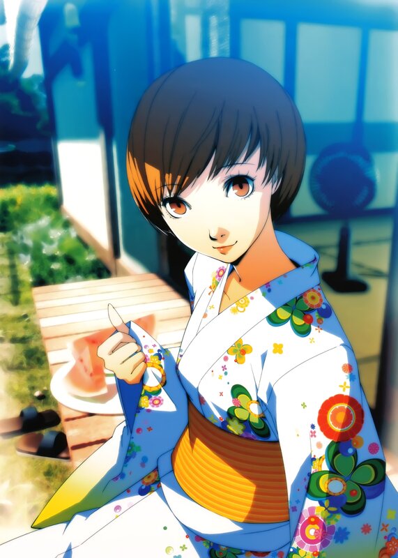 Anime Girl in Kimono — White, Calm, Afternoon, Watermelon