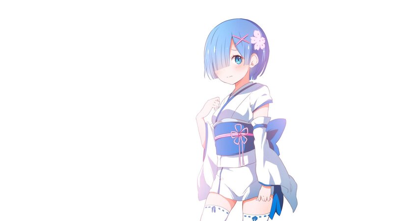 Anime Girl in Kimono — White, Calm, Blue Hair
