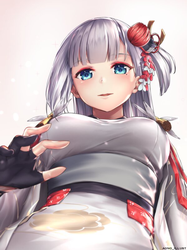Anime Girl in Kimono — White, Calm, Digital Art, Silver Hair