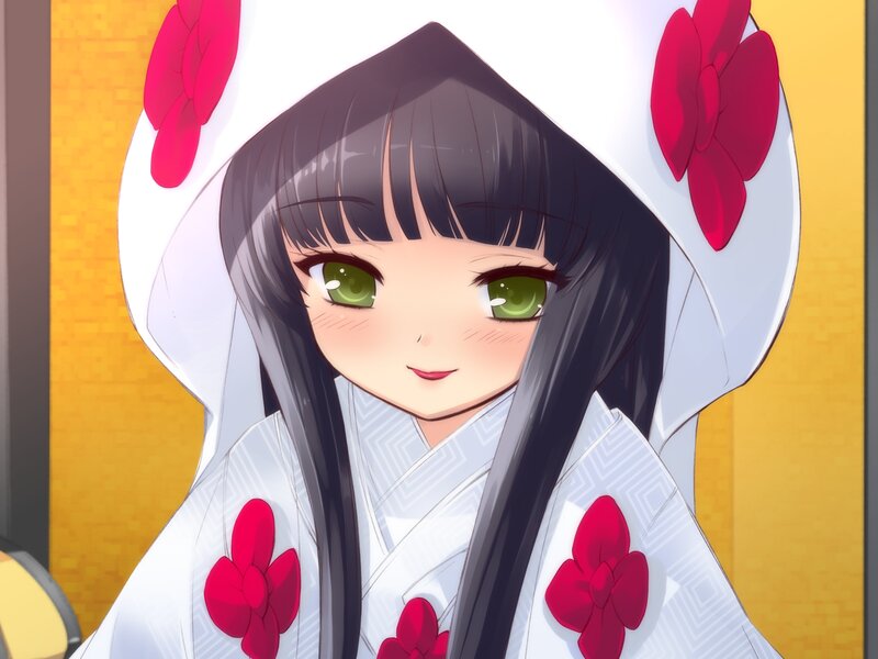 Anime Girl in Kimono — White, Calm, Green Eyes