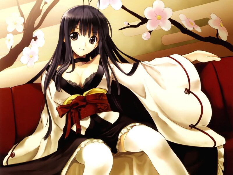 Anime Girl in Kimono — White, Calm, Spring, Cherry Blossoms, Red Couch