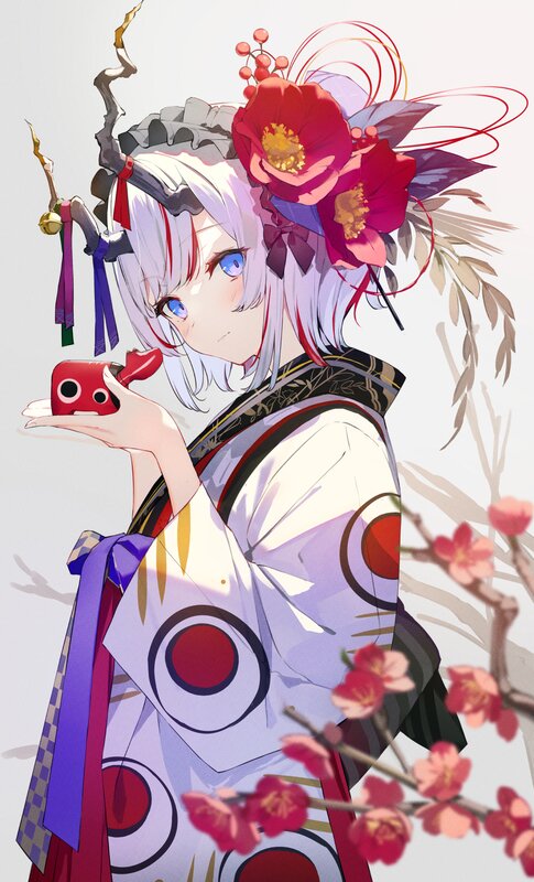 Anime Girl in Kimono — White, Calm, Spring, Digital Art, Flowers