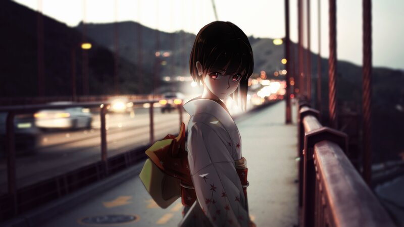 Anime Girl in Kimono — White, Dramatic, Sunset, Digital Art