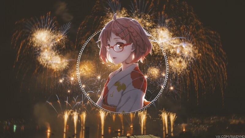 Anime Girl in Kimono — White, Festive, Night, Digital Art