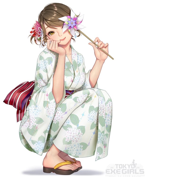 Anime Girl in Kimono — White, Playful, Digital Art