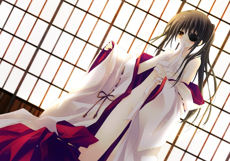 Anime Girl in Kimono — White, Serene, Afternoon, Eyepatch