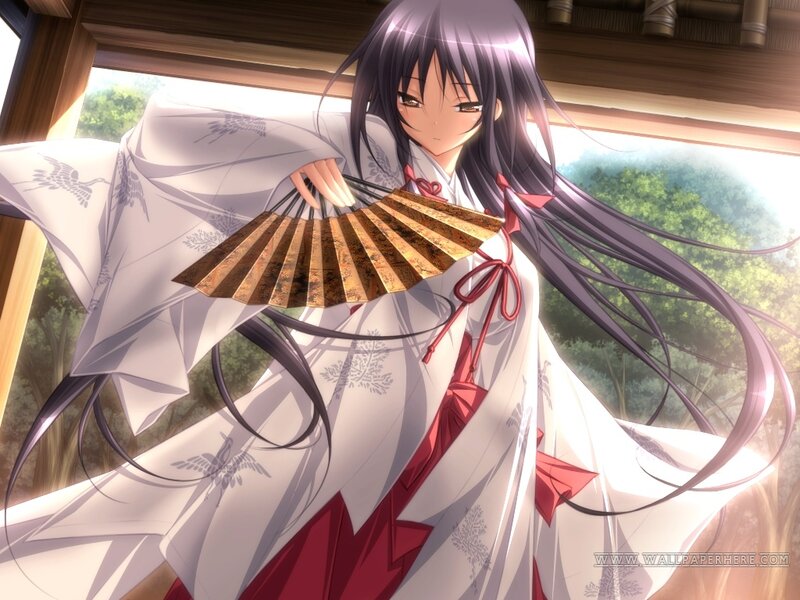 Anime Girl in Kimono — White, Serene, Afternoon, Fan