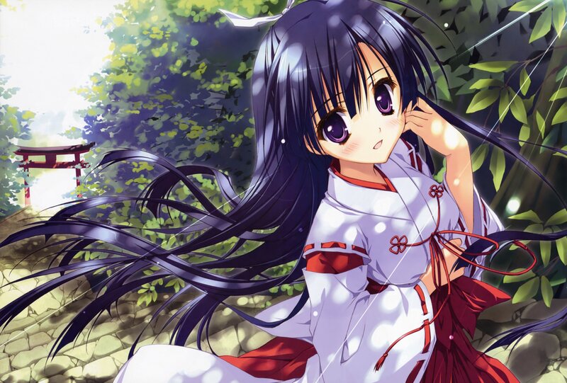 Anime Girl in Kimono — White, Serene, Afternoon, Torii Gate