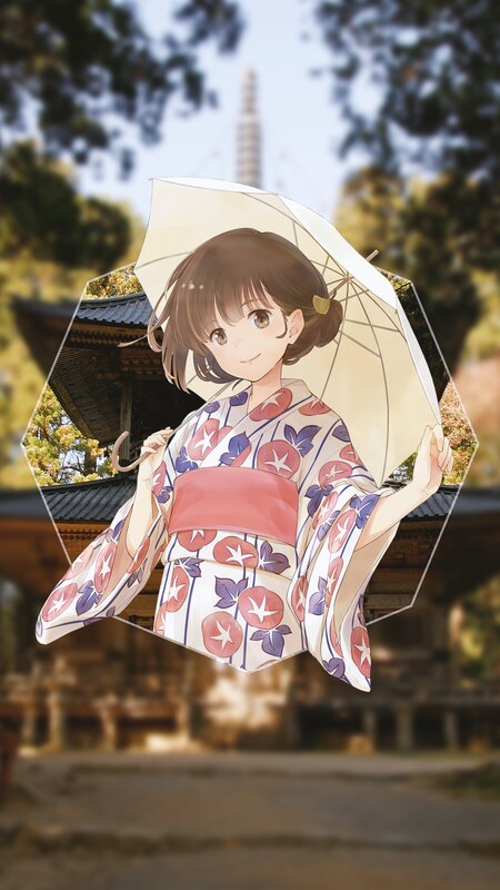 Anime Girl in Kimono — White, Serene, Afternoon, Umbrella