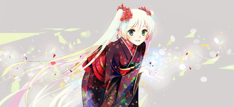 Anime Girl in Kimono — White, Serene, Digital Art, Flowers, Long Hair