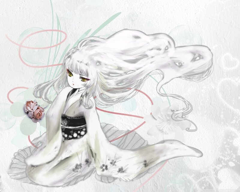 Anime Girl in Kimono — White, Serene, Digital Art, Flowers