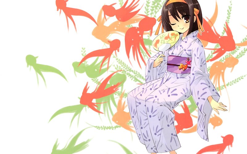 Anime Girl in Kimono — White, Serene, Fan, Goldfish