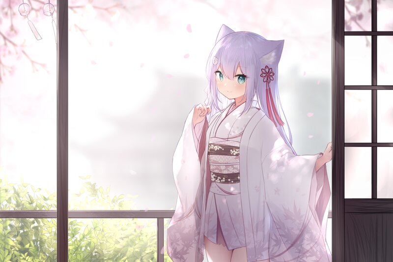 Anime Girl in Kimono — White, Serene, Spring, Digital Art, Cat Ears