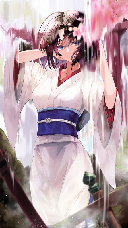 Anime Girl in Kimono — White, Serene, Spring, Digital Art, Cherry Blossoms, Rain