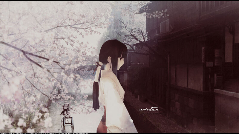 Anime Girl in Kimono — White, Serene, Spring, Digital Art, Cherry Blossoms, River