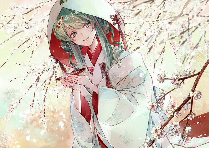 Anime Girl in Kimono — White, Serene, Spring, Digital Art, Cherry Blossoms, Sakura