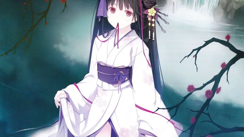 Anime Girl in Kimono — White, Serene, Spring, Digital Art, Cherry Blossoms