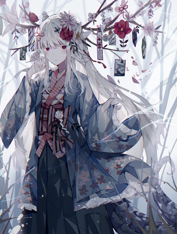 Anime Girl in Kimono — White, Serene, Spring, Digital Art, Flowers, Branches