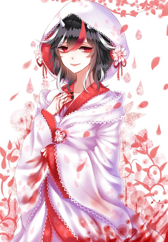 Anime Girl in Kimono — White, Serene, Spring, Digital Art, Flowers
