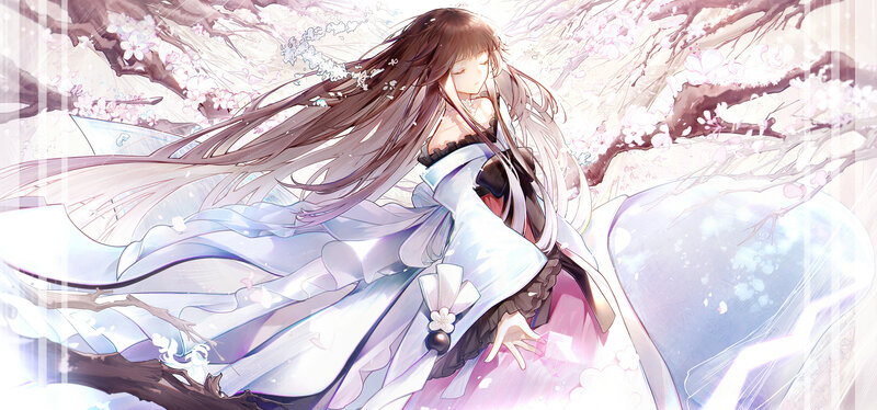 Anime Girl in Kimono — White, Serene, Spring, Digital Art, Sakura Blossoms