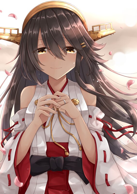 Anime Girl in Kimono — White, Serene, Spring, Digital Art, Sakura Petals