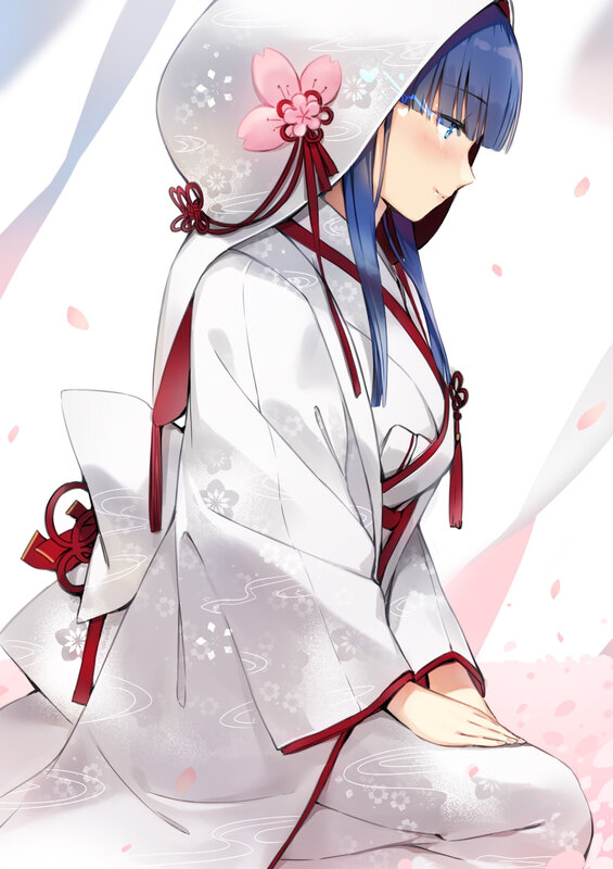 Anime Girl in Kimono — White, Serene, Spring, Sakura Petals