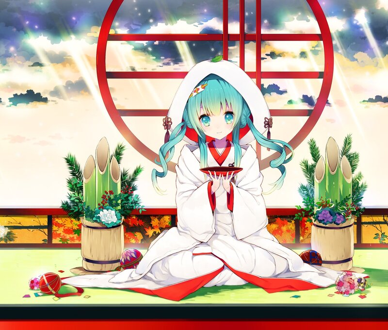 Anime Girl in Kimono — White, Serene, Sunset, Digital Art, Bamboo