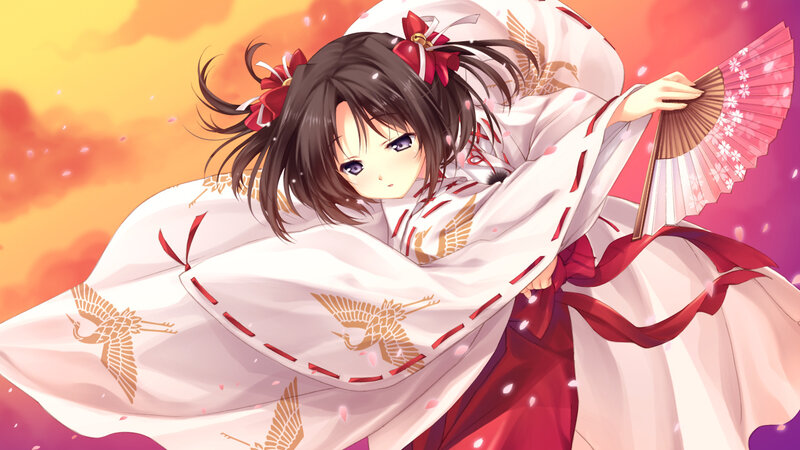 Anime Girl in Kimono — White, Serene, Sunset, Digital Art